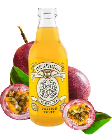 Brewcha Passion Fruit kombucha bottle with passion fruit